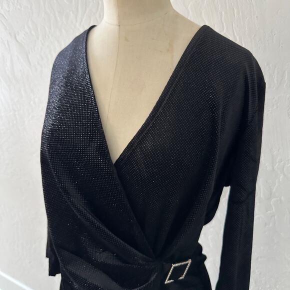 ANNE KLEIN | Long Sleeve Faux Wrap Dress Women's NEW Size 12 Black Shimmer Disco - Picture 3 of 13